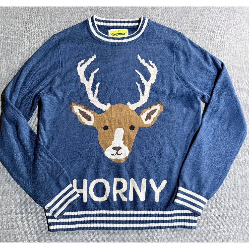 Tipsy Elves Horny Deer Graphic Sweater Blue Striped Trim Novelty Knit Medium